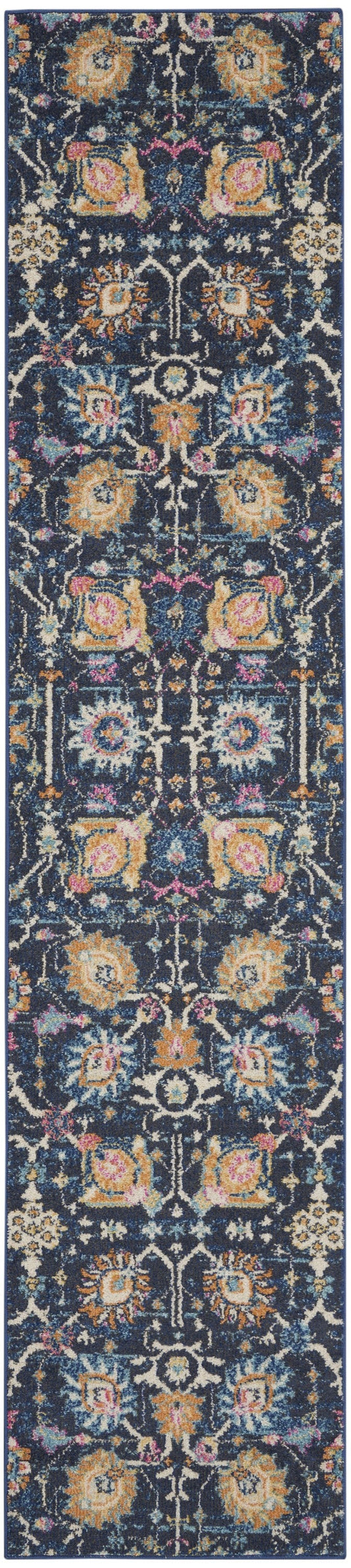 HomeRoots 2' x 10' Navy Blue Floral Buds Runner Rug