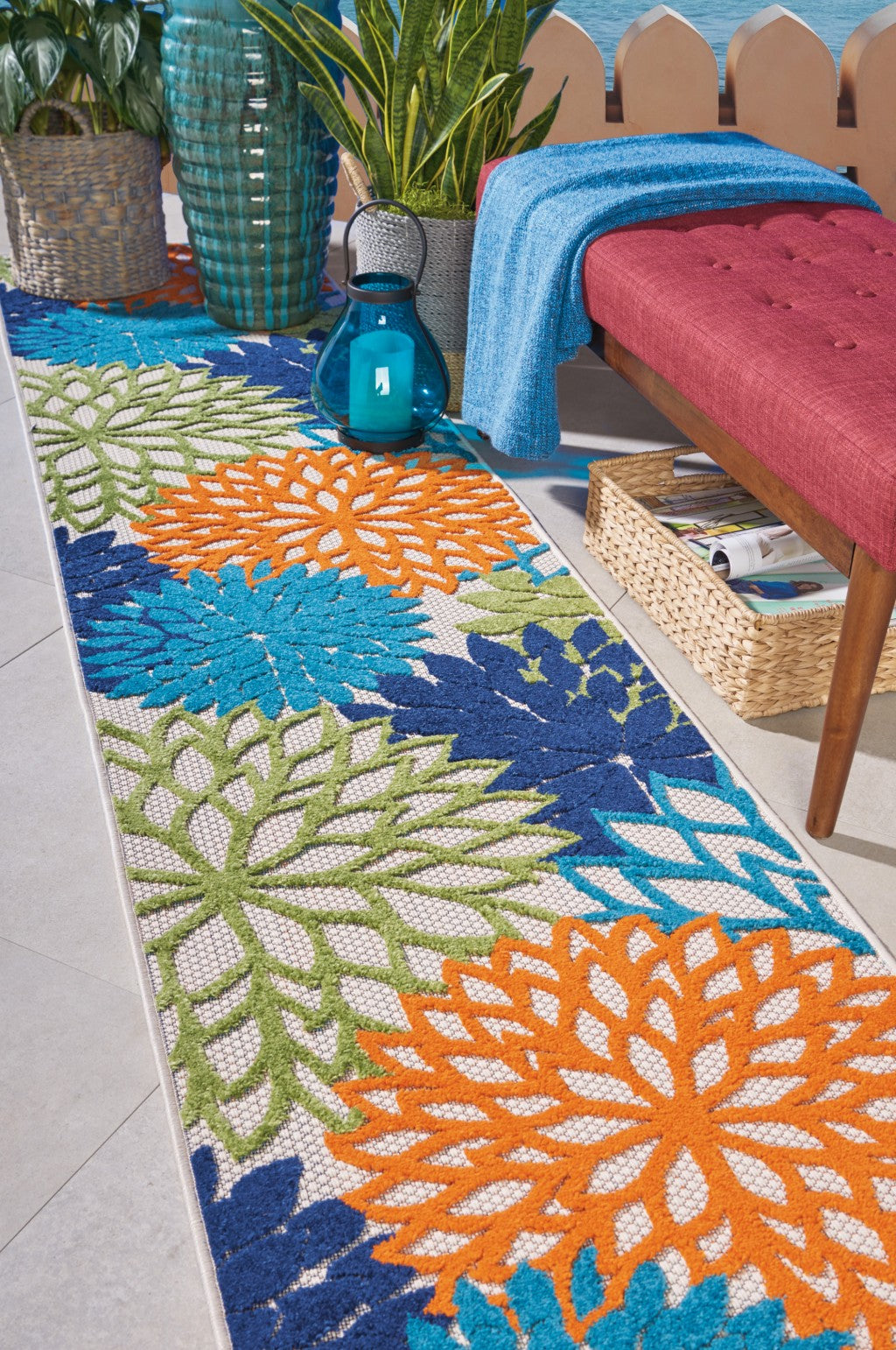 HomeRoots 2’ x 10' Orange Outdoor Runner Rug With Floral Finish