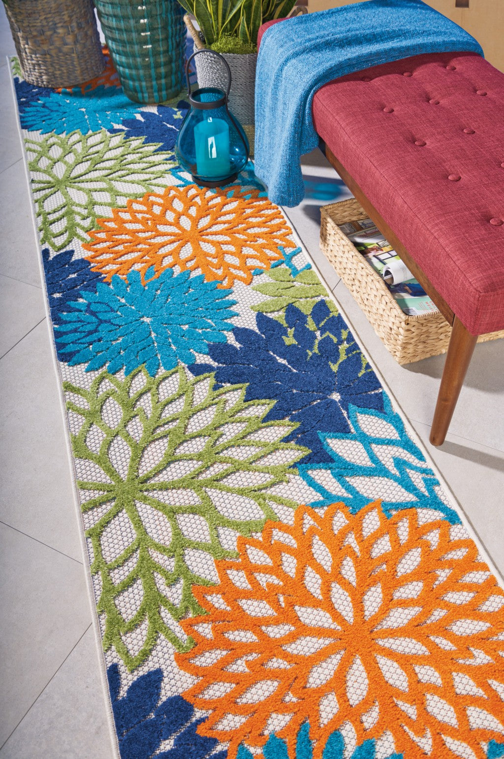 HomeRoots 2’ x 10' Orange Outdoor Runner Rug With Floral Finish