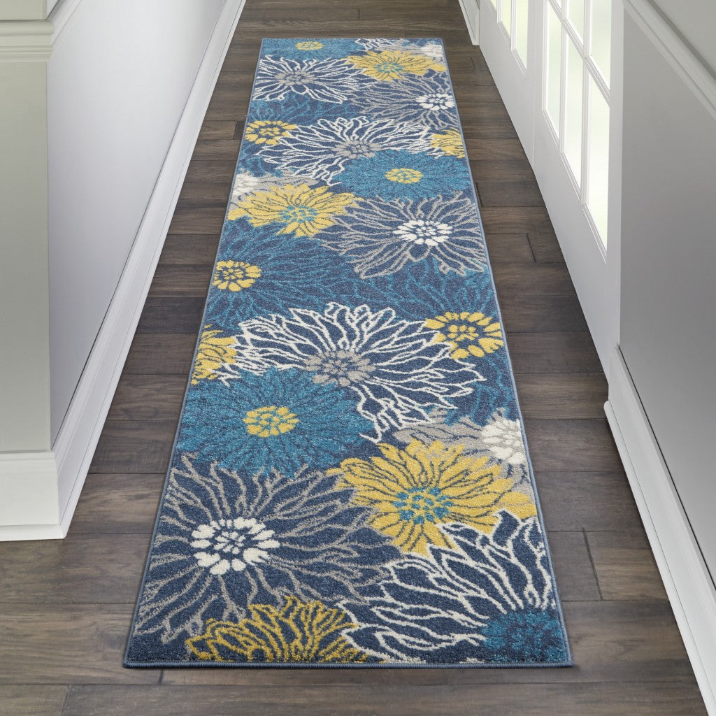 HomeRoots 2’ x 10’ Tropical Flower Runner Rug in Blue Finish