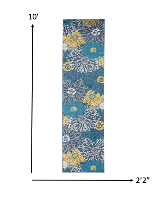 HomeRoots 2’ x 10’ Tropical Flower Runner Rug in Blue Finish