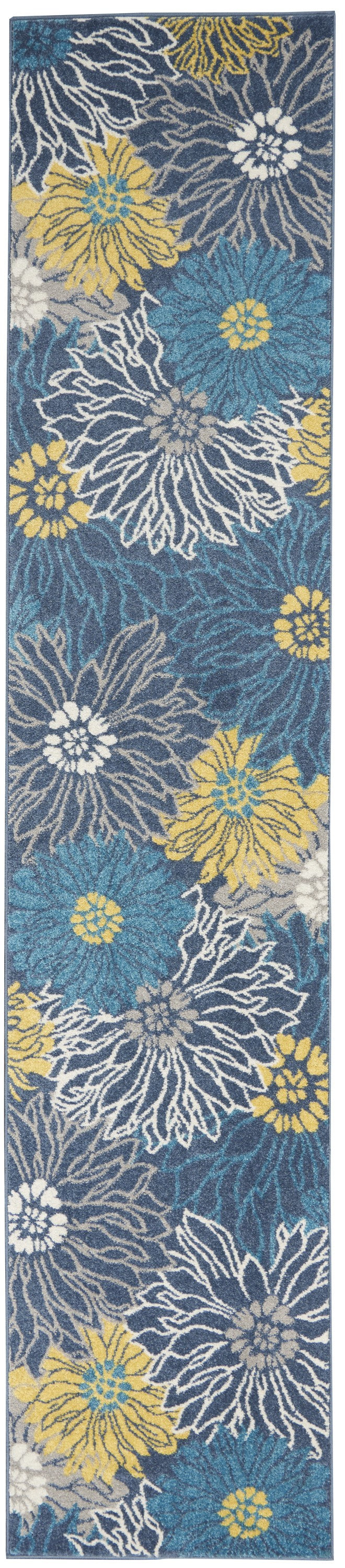 HomeRoots 2’ x 10’ Tropical Flower Runner Rug in Blue Finish
