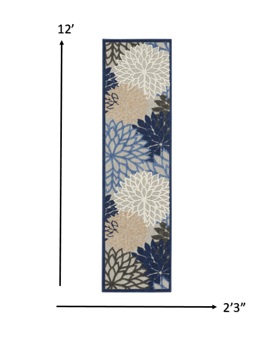 HomeRoots 2’ x 12’ Blue Large Floral Indoor Outdoor Runner Rug