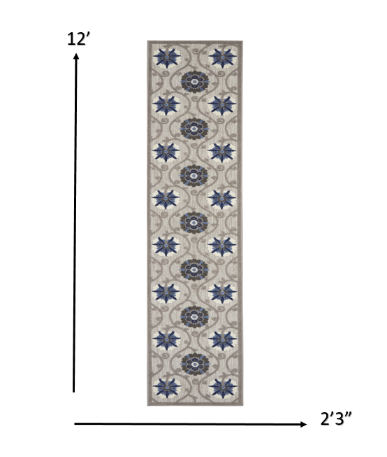 HomeRoots 2' x 12' Gray and Blue Indoor Outdoor Runner Rug