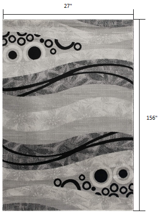 HomeRoots 2' x 13' Gray and Black Abstract Waves Runner Rug