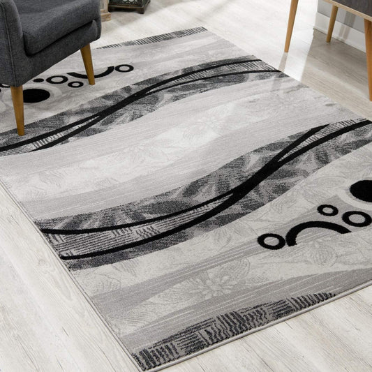 HomeRoots 2' x 13' Gray and Black Abstract Waves Runner Rug