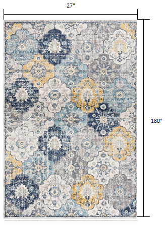 HomeRoots 2' x 15' Blue Distressed Floral Runner Rug
