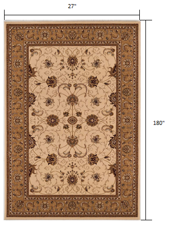 HomeRoots 2' x 15' Cream and Tan Ornate Border Runner Rug