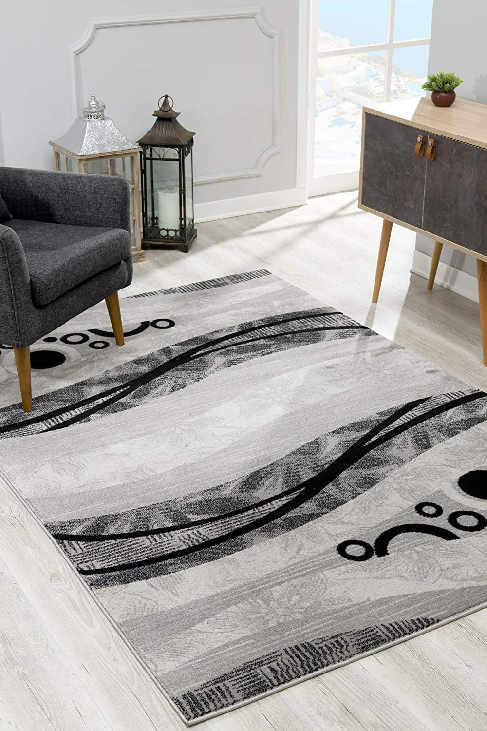 HomeRoots 2' x 15' Gray and Black Abstract Waves Runner Rug