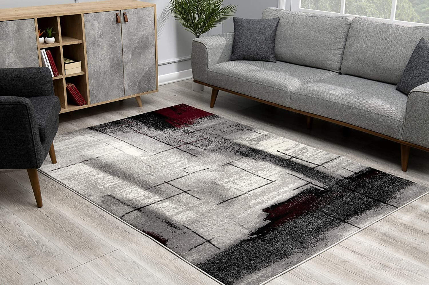 HomeRoots 2' x 15' Gray and Burgundy Abstract Runner Rug
