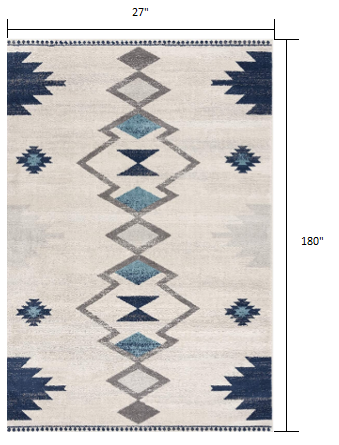 HomeRoots 2' x 15' Navy and Ivory Tribal Pattern Runner Rug