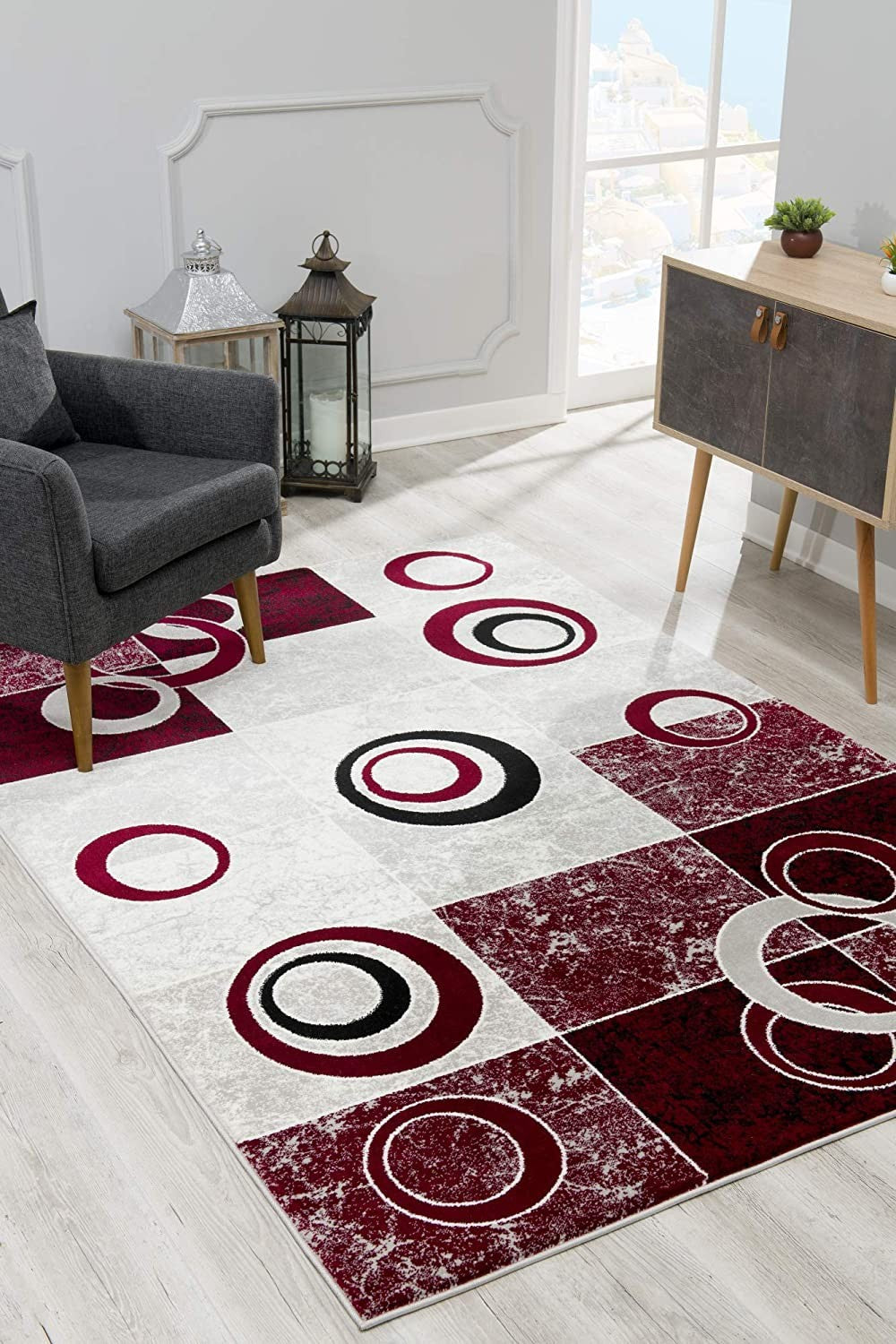 HomeRoots 2' x 15' Red and White Inverse Circles Runner Rug