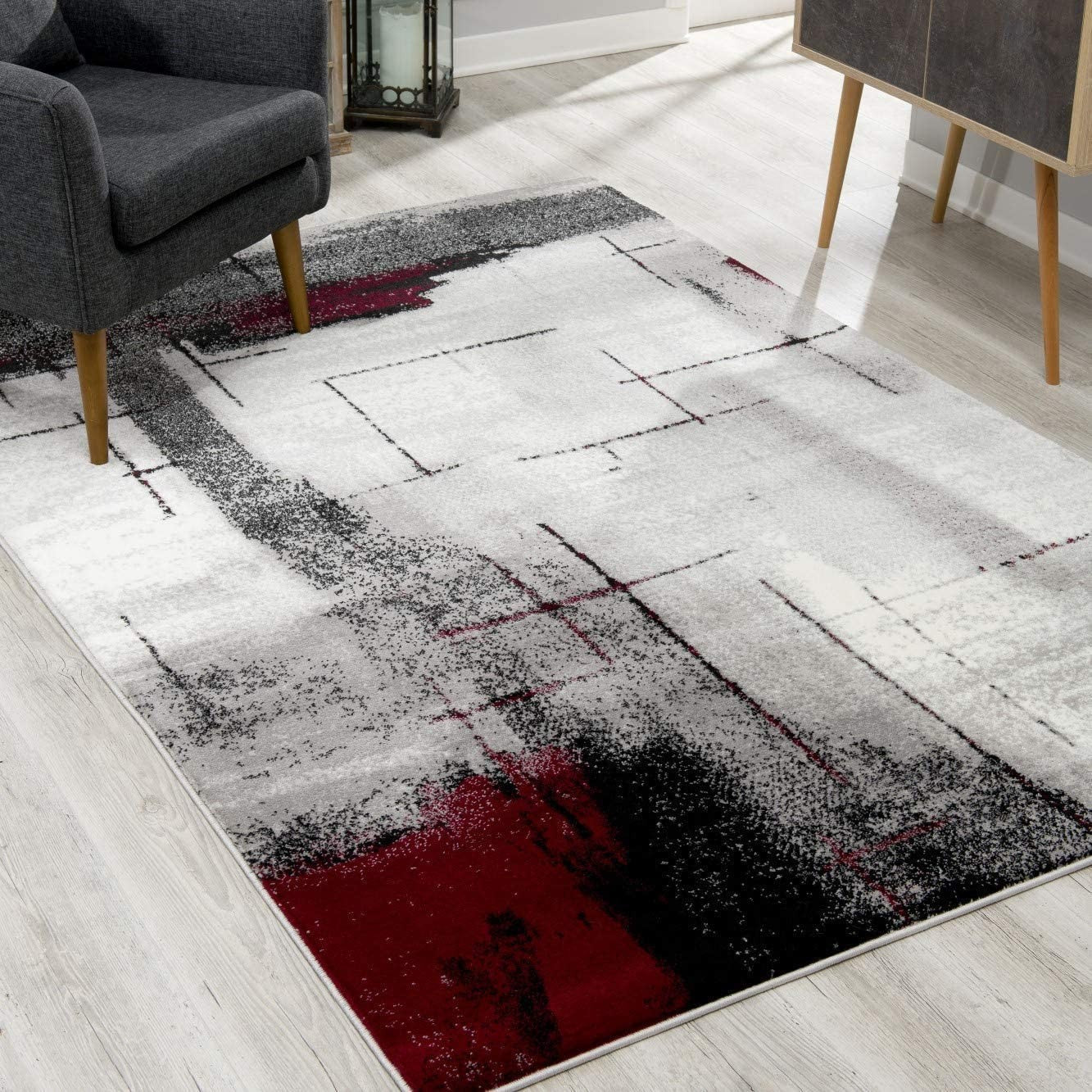 HomeRoots 2' x 20' Gray and Burgundy Abstract Runner Rug