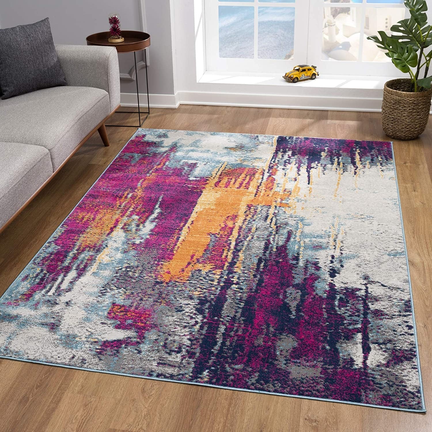 HomeRoots 2' x 20' Gray and Magenta Abstract Runner Rug