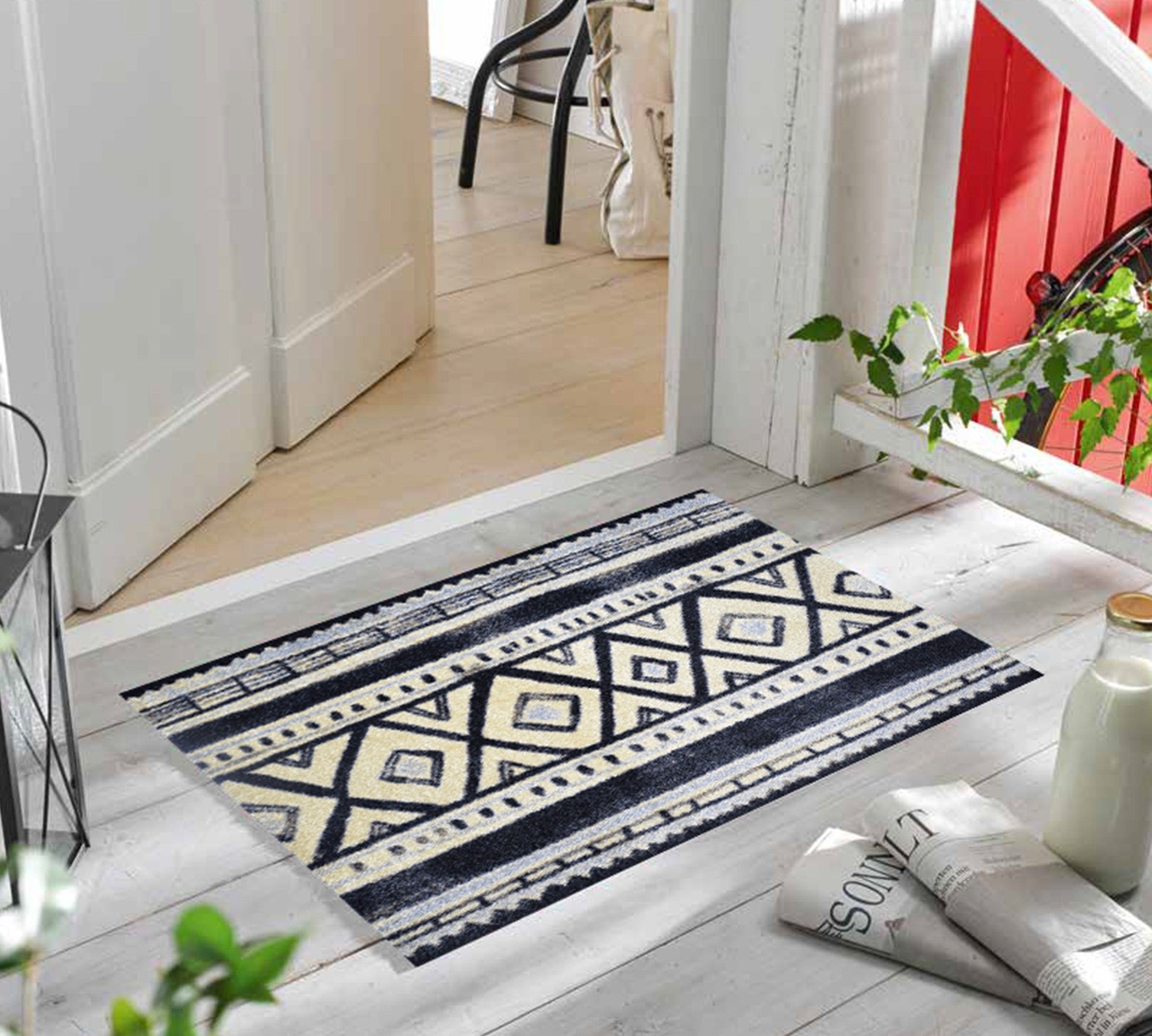 HomeRoots 2' x 3' Black and Gray Modern Tribal Washable Floor Mat