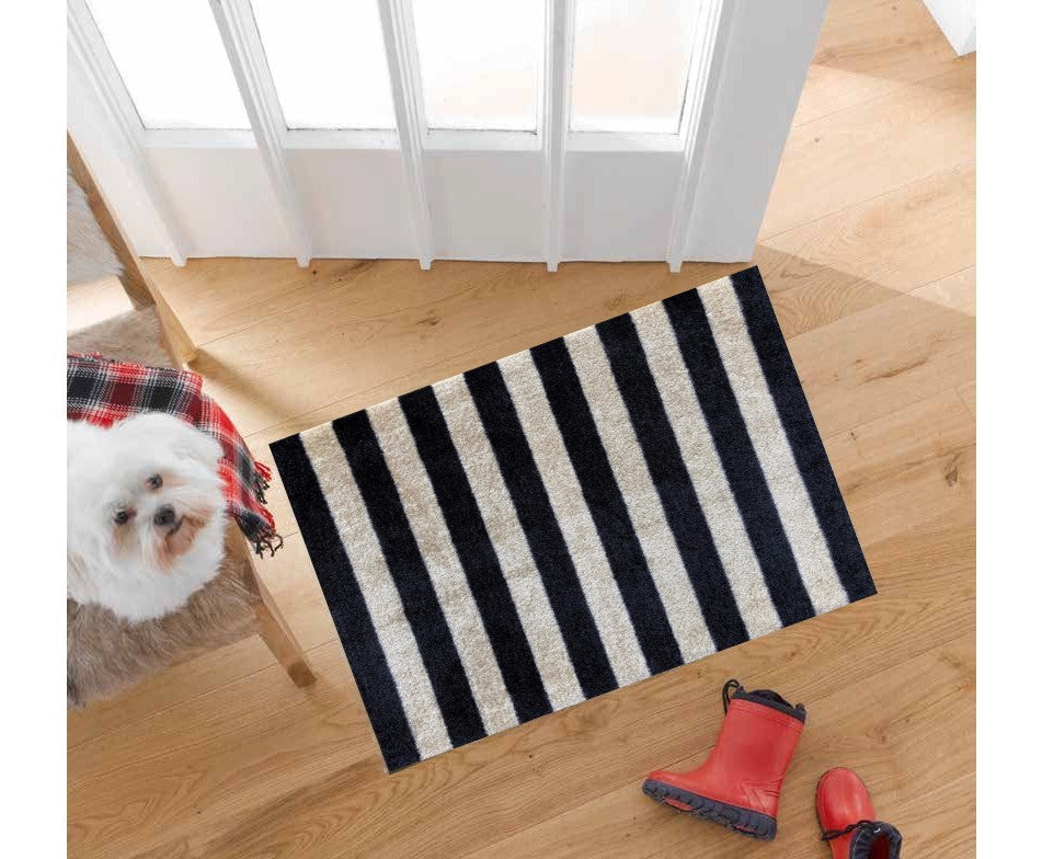HomeRoots 2' x 3' Black and Tan Wide Stripe Washable Floor Mat