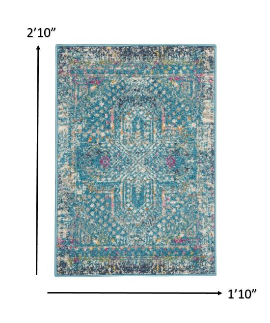 HomeRoots 2' x 3' Blue Distressed Medallion Scatter Rug