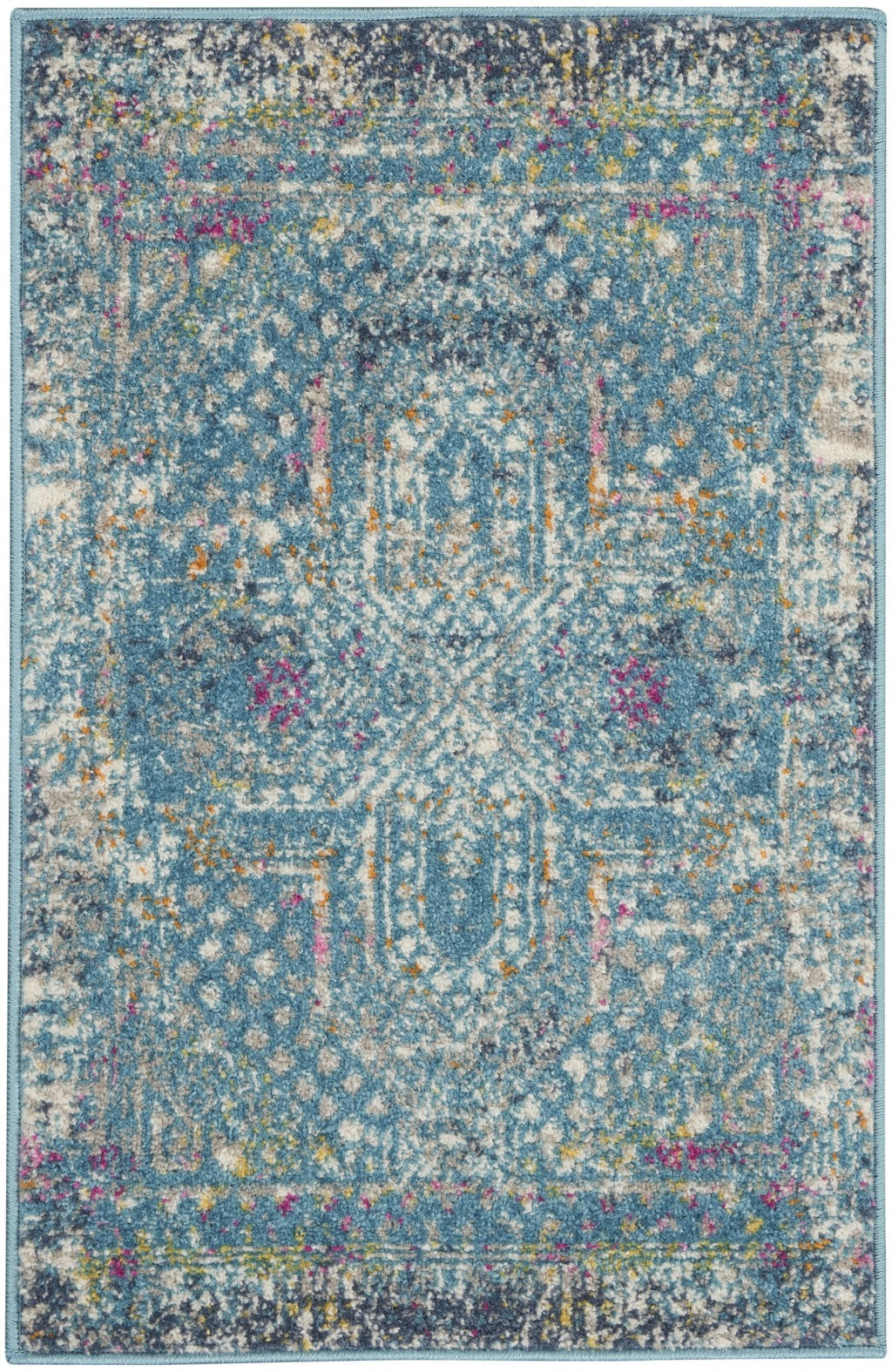 HomeRoots 2' x 3' Blue Distressed Medallion Scatter Rug