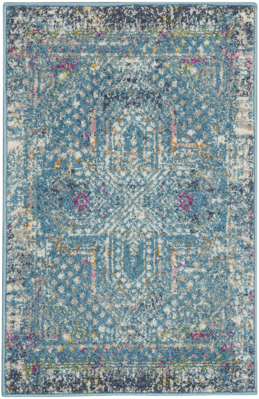 HomeRoots 2' x 3' Blue Distressed Medallion Scatter Rug