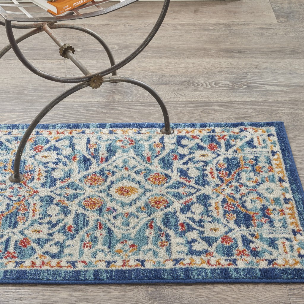 HomeRoots 2' x 3' Blue White Multi Medallion Medallion Scatter Rug