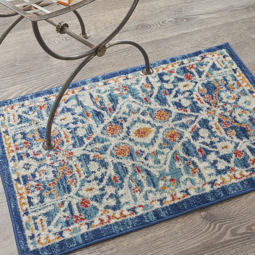 HomeRoots 2' x 3' Blue White Multi Medallion Medallion Scatter Rug