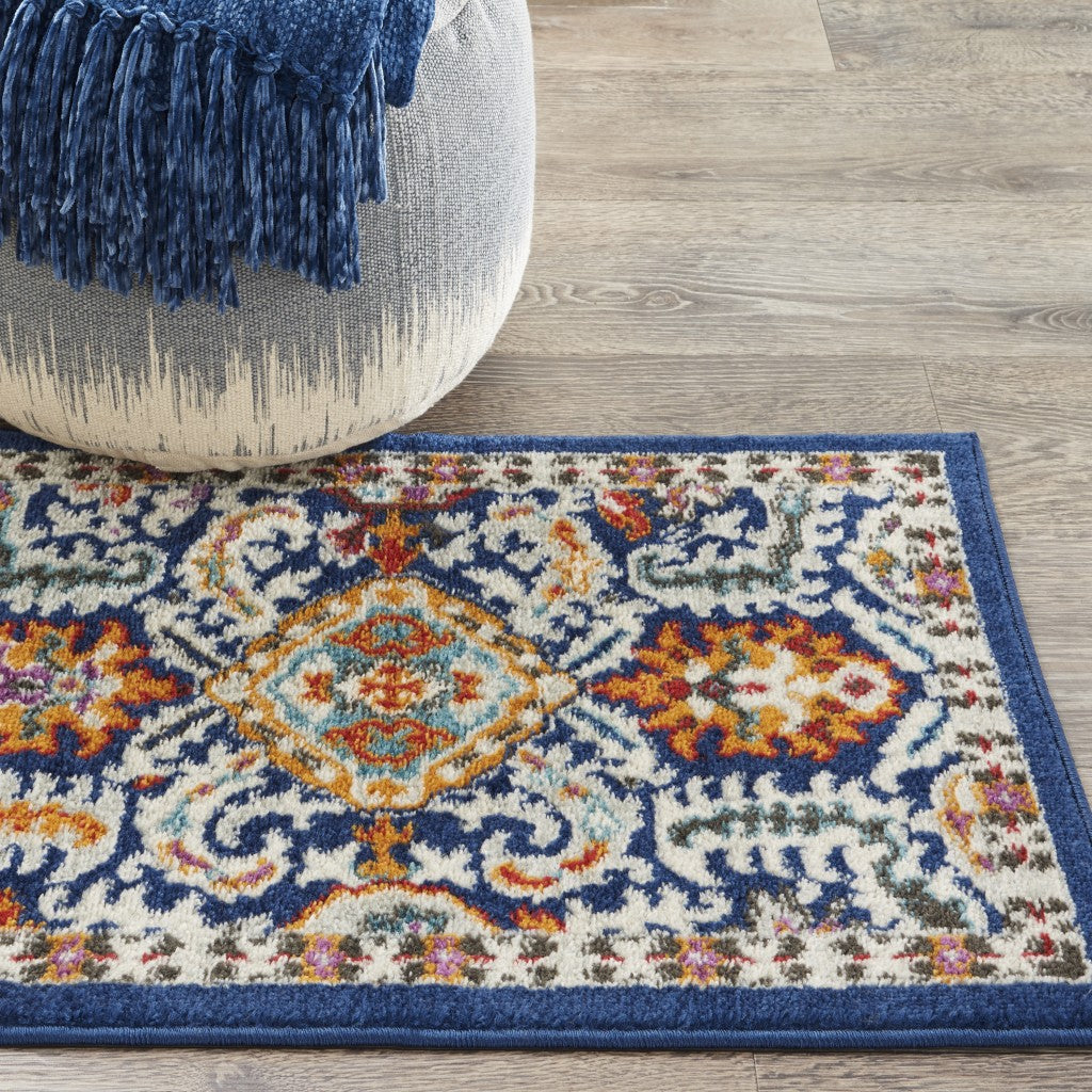 HomeRoots 2' x 3' Blue and Gold Intricate Scatter Rug