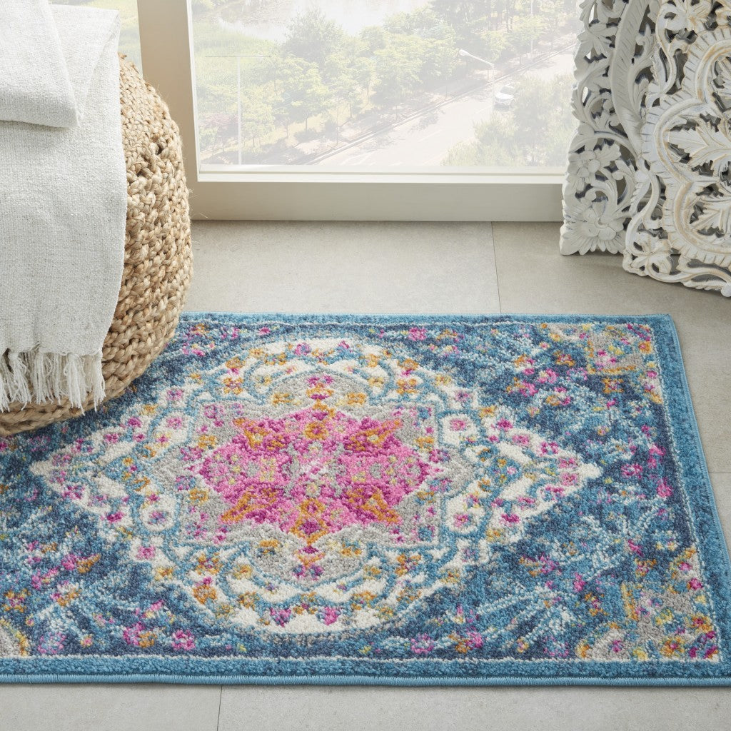HomeRoots 2' x 3' Blue and Pink Medallion Scatter Rug