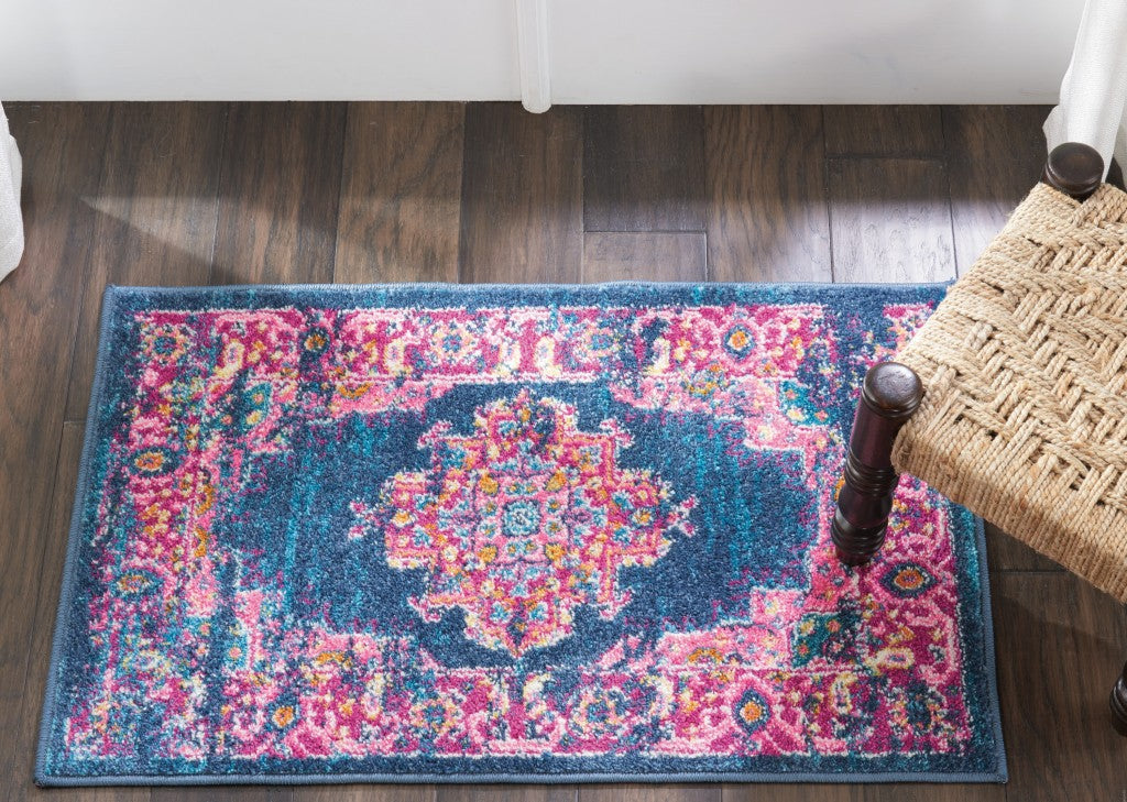 HomeRoots 2’ x 3’ Blue and Pink Medallion Scatter Rug