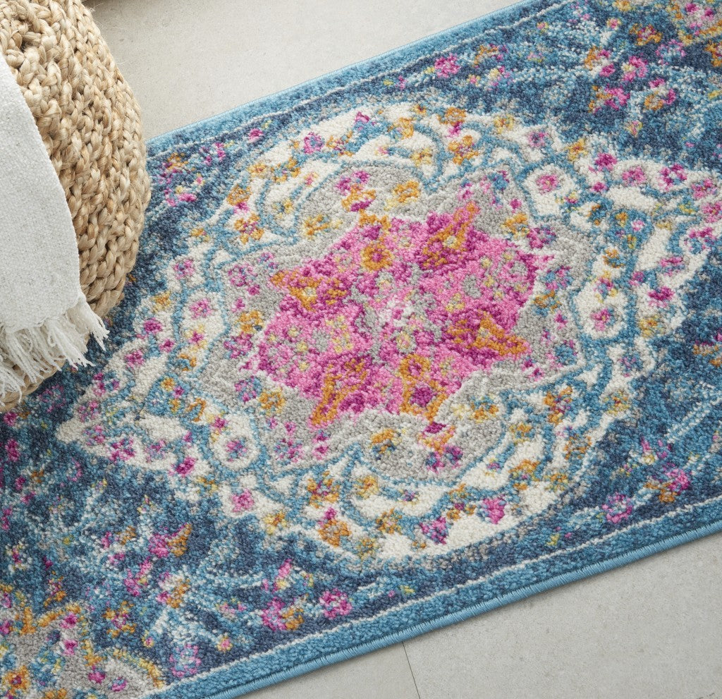 HomeRoots 2' x 3' Blue and Pink Medallion Scatter Rug