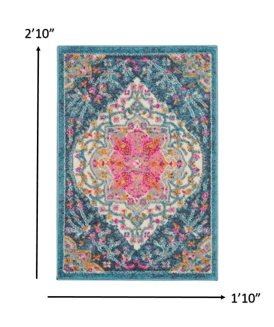 HomeRoots 2' x 3' Blue and Pink Medallion Scatter Rug