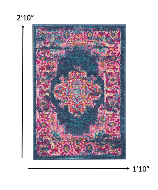 HomeRoots 2’ x 3’ Blue and Pink Medallion Scatter Rug