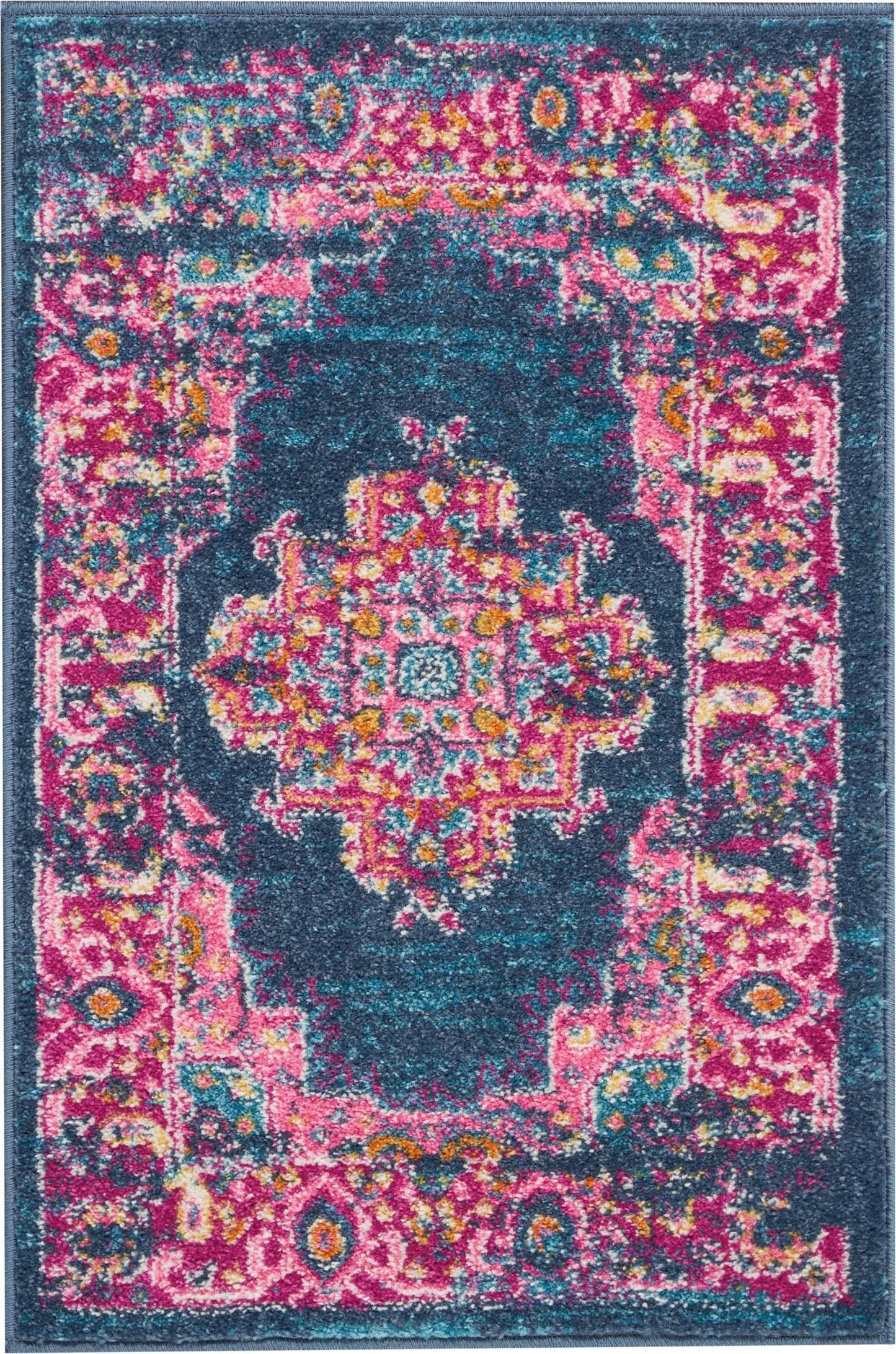 HomeRoots 2’ x 3’ Blue and Pink Medallion Scatter Rug