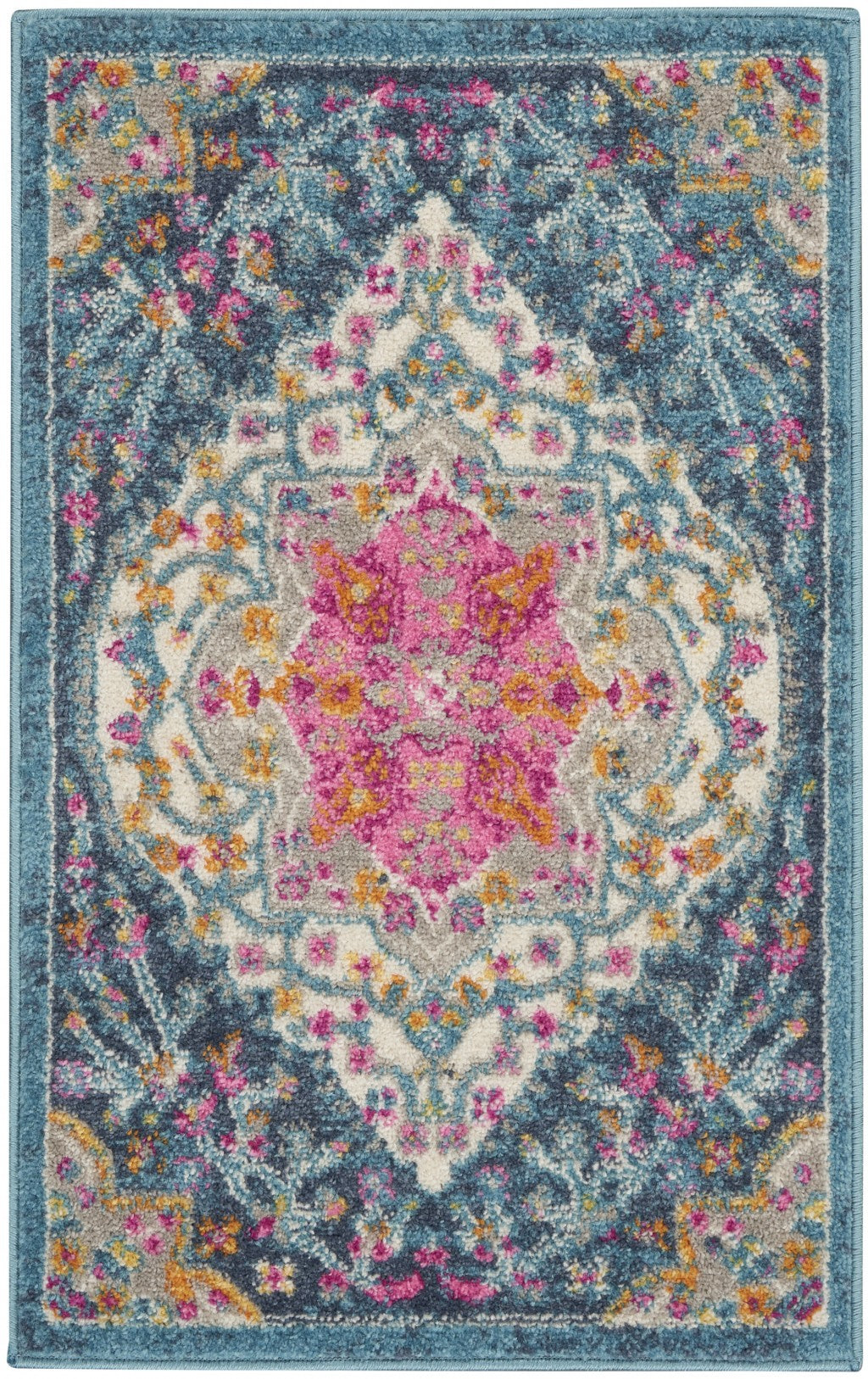 HomeRoots 2' x 3' Blue and Pink Medallion Scatter Rug