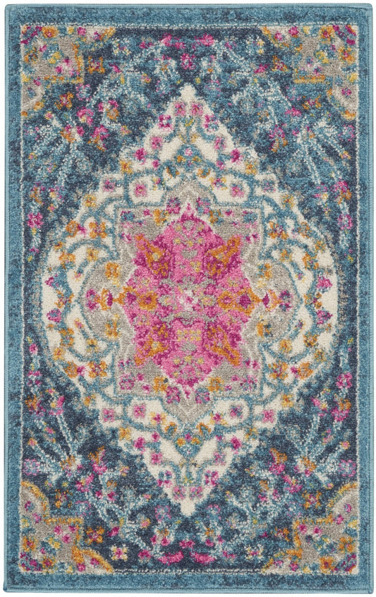 HomeRoots 2' x 3' Blue and Pink Medallion Scatter Rug