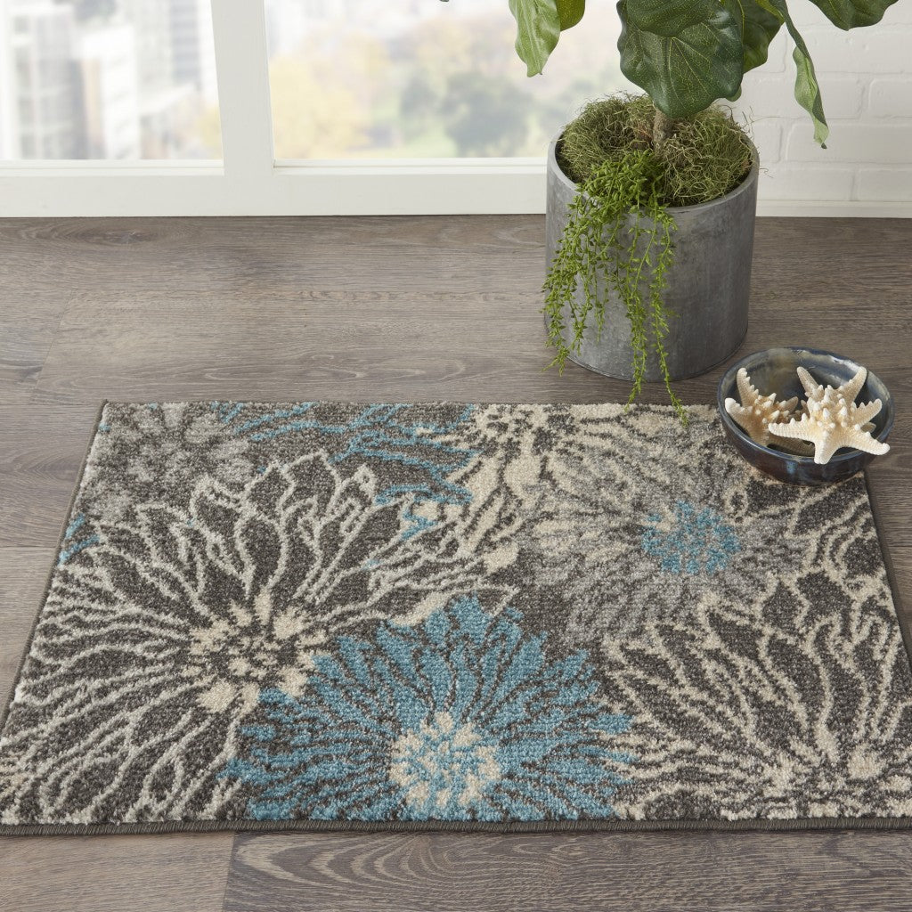 HomeRoots 2’ x 3’ Charcoal and Blue Big Flower Scatter Rug