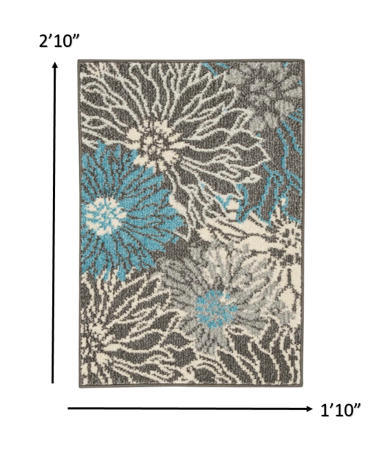 HomeRoots 2’ x 3’ Charcoal and Blue Big Flower Scatter Rug
