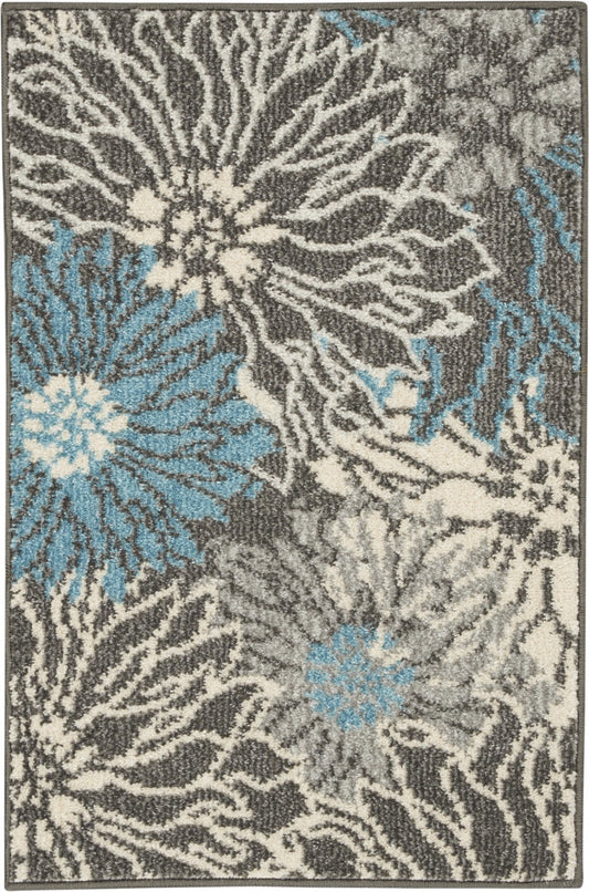 HomeRoots 2’ x 3’ Charcoal and Blue Big Flower Scatter Rug