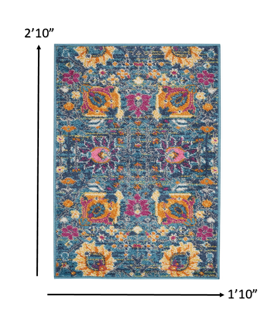 HomeRoots 2' x 3' Denim Blue Florals Distressed Scatter Rug