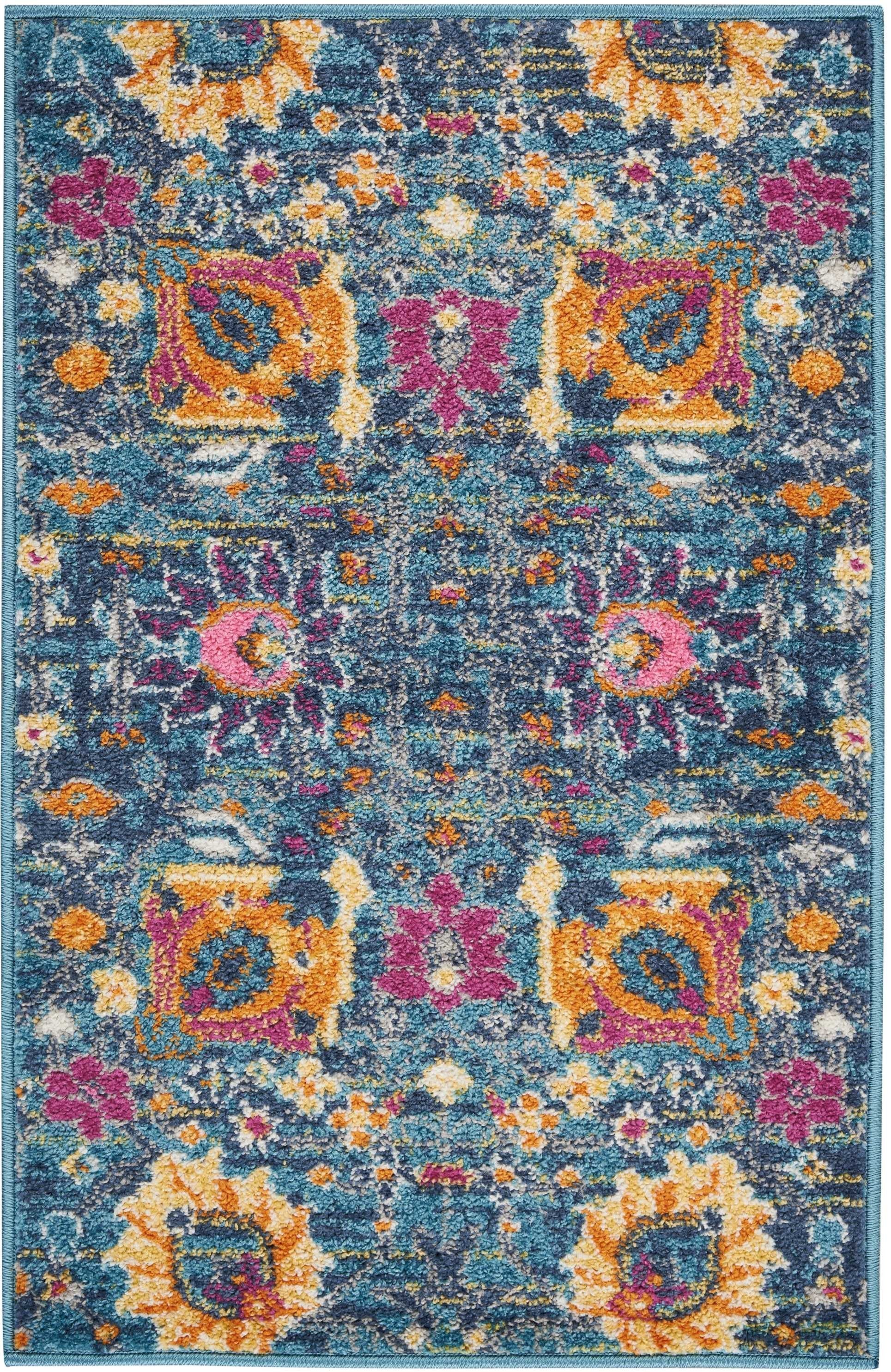 HomeRoots 2' x 3' Denim Blue Florals Distressed Scatter Rug