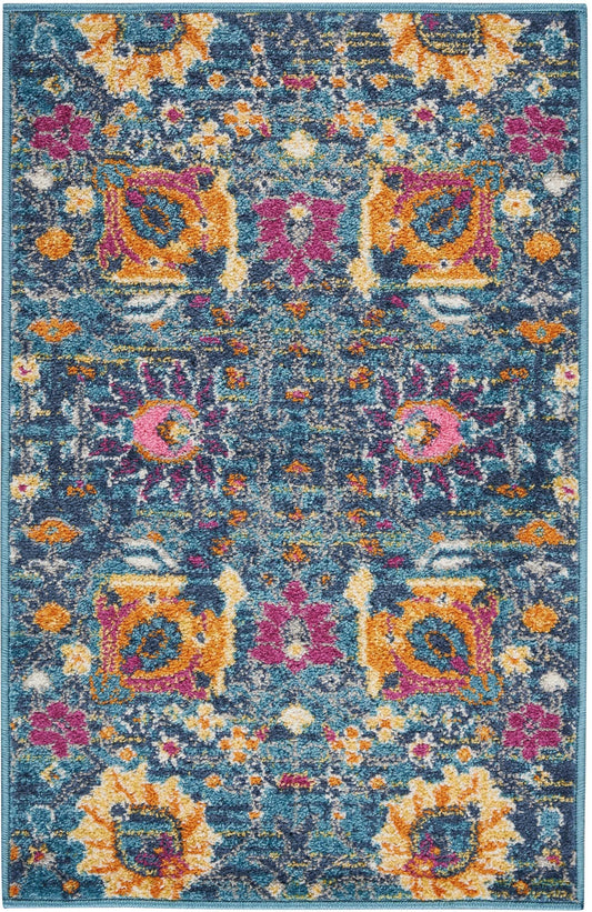 HomeRoots 2' x 3' Denim Blue Florals Distressed Scatter Rug