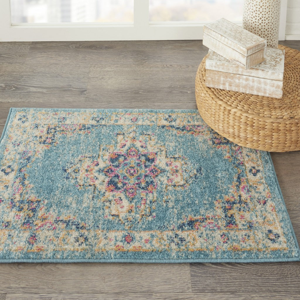 HomeRoots 2’ x 3’ Distressed Medallion Scatter Rug in Light Blue Finish