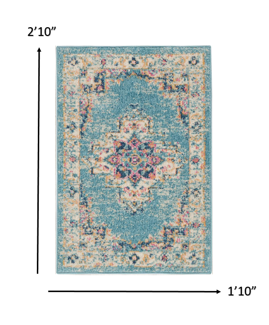 HomeRoots 2’ x 3’ Distressed Medallion Scatter Rug in Light Blue Finish