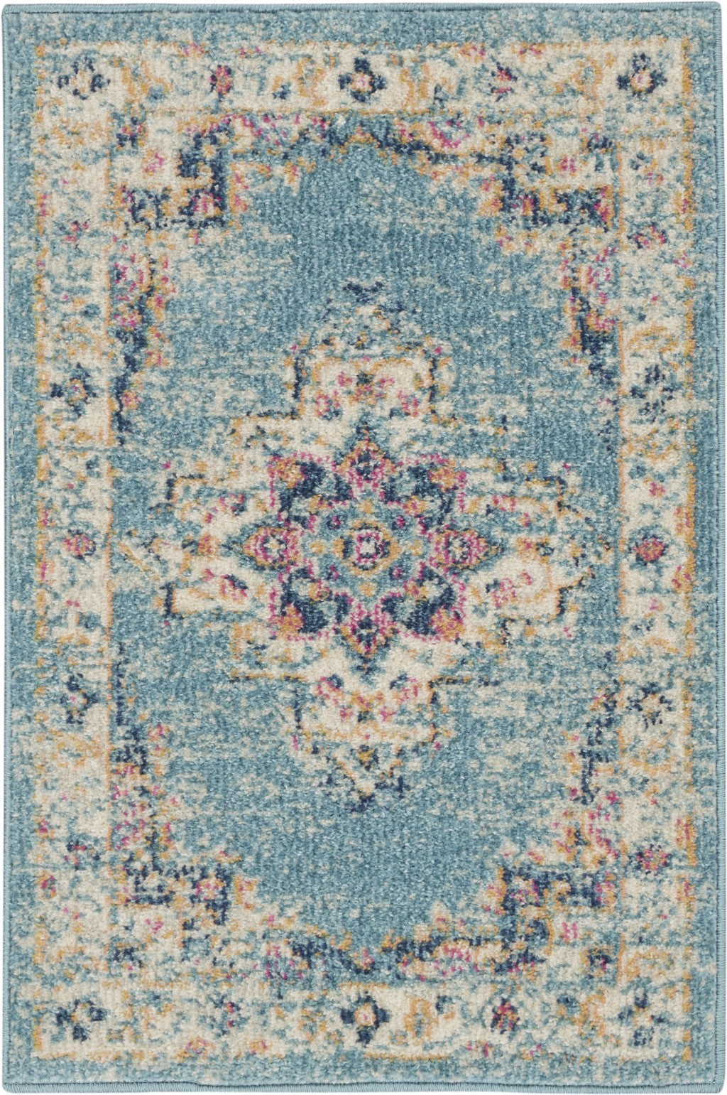 HomeRoots 2’ x 3’ Distressed Medallion Scatter Rug in Light Blue Finish