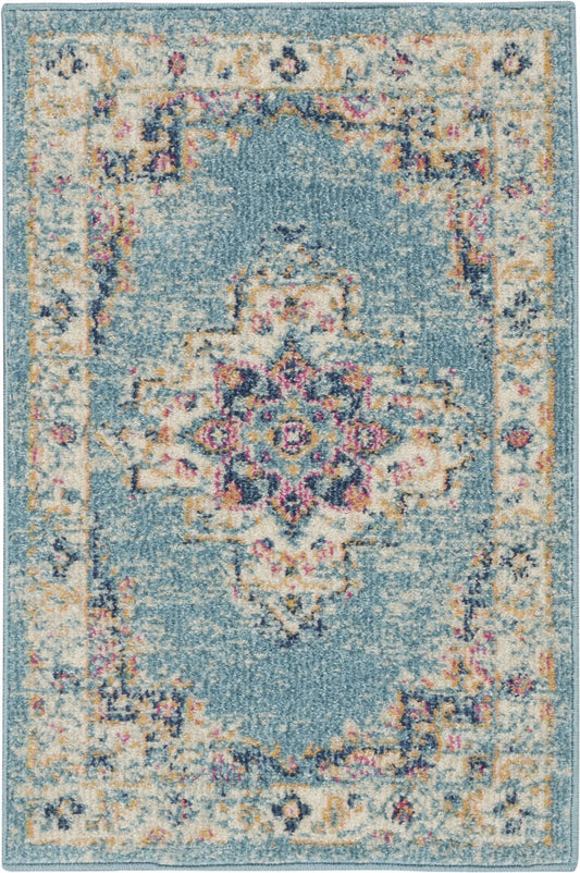 HomeRoots 2’ x 3’ Distressed Medallion Scatter Rug in Light Blue Finish