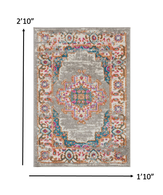 HomeRoots 2’ x 3’ Gray and Gold Medallion Scatter Rug