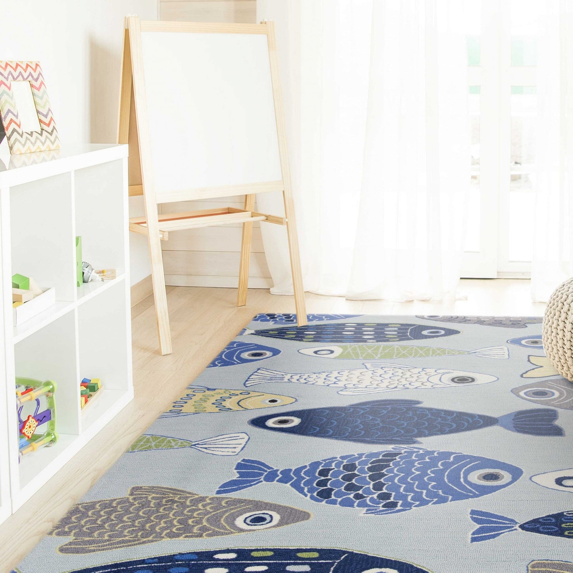 HomeRoots 2' x 3' Light Blue Hand Hooked Oversized Sea Of Fish Indoor Accent Rug
