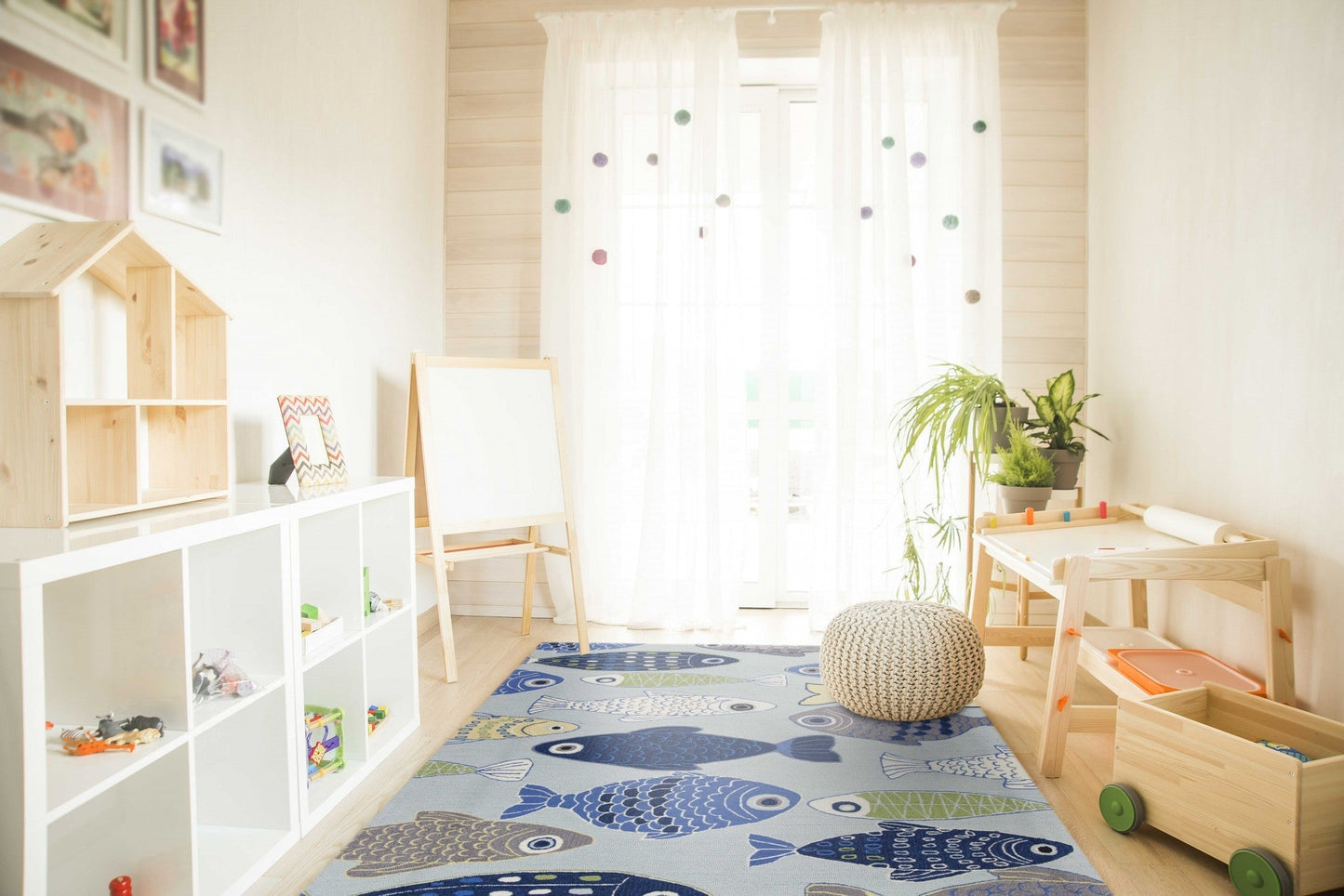 HomeRoots 2' x 3' Light Blue Hand Hooked Oversized Sea Of Fish Indoor Accent Rug