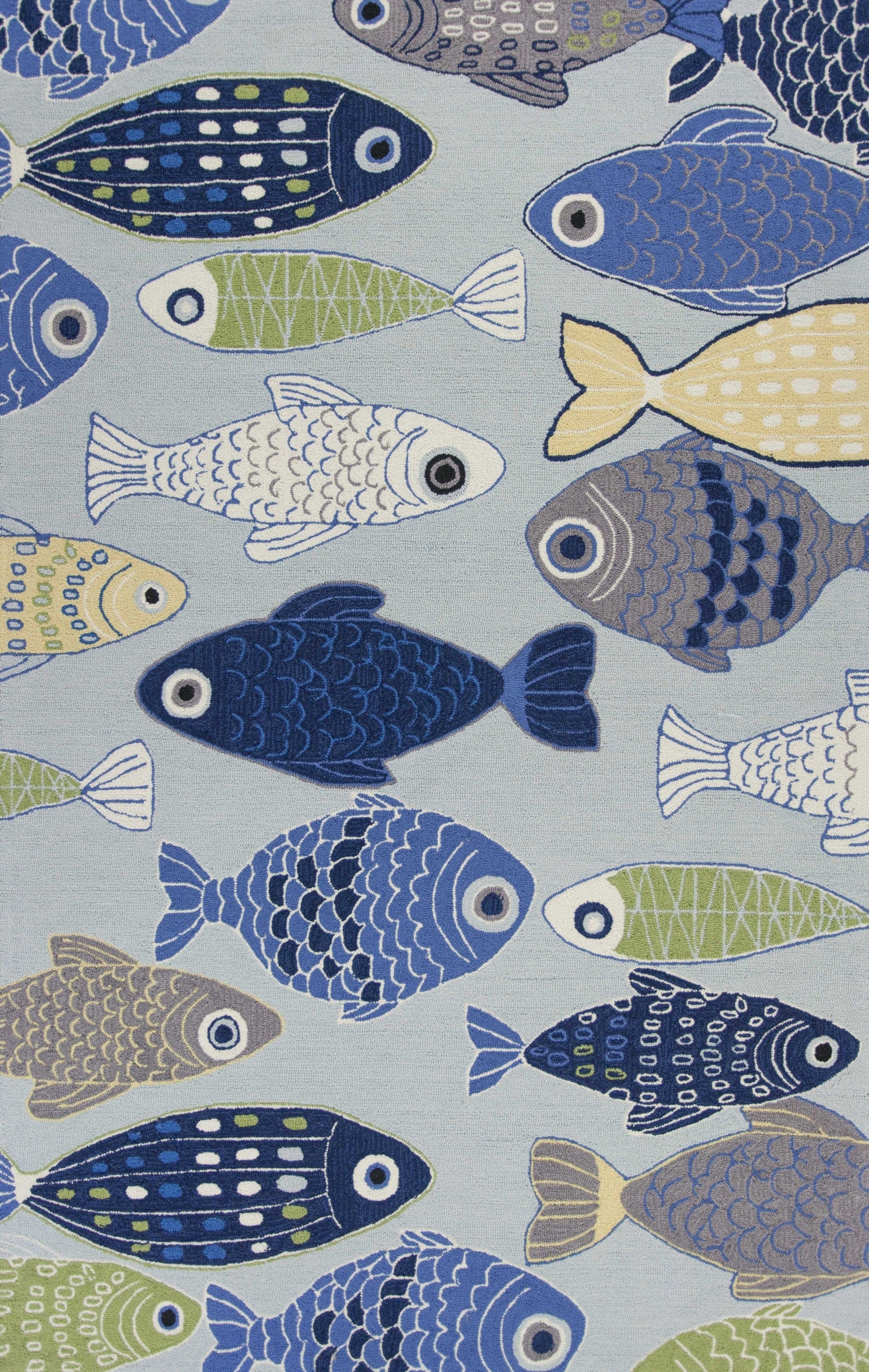 HomeRoots 2' x 3' Light Blue Hand Hooked Oversized Sea Of Fish Indoor Accent Rug