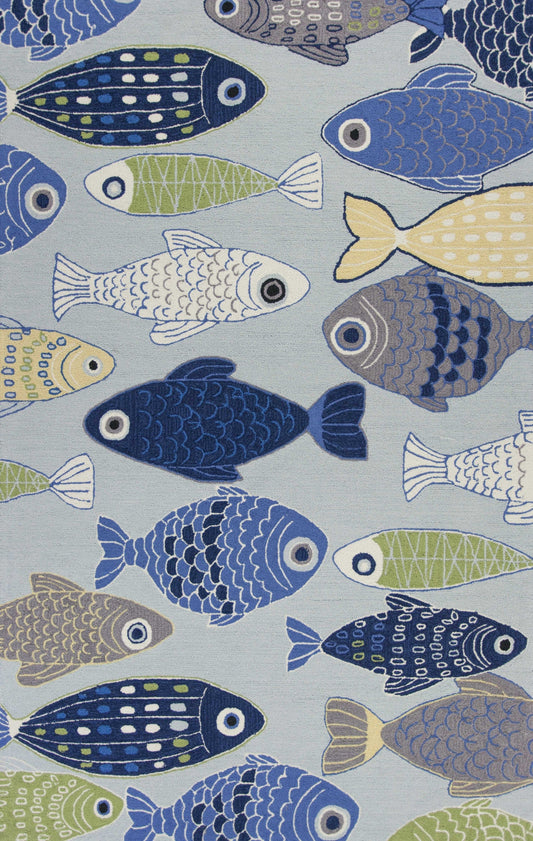 HomeRoots 2' x 3' Light Blue Hand Hooked Oversized Sea Of Fish Indoor Accent Rug