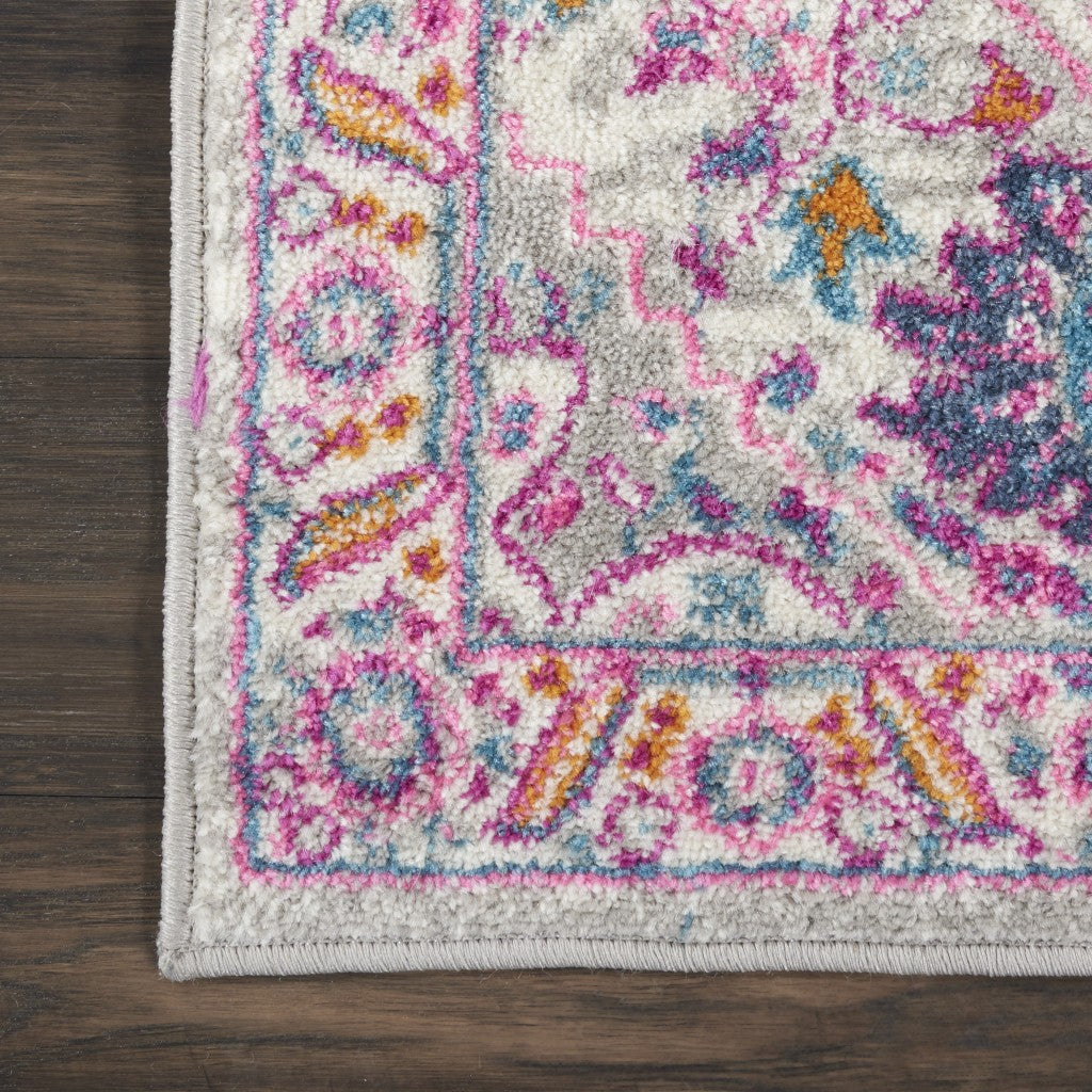 HomeRoots 2' x 3' Light Gray and Pink Medallion Scatter Rug